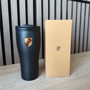 Porsche Design Black Travel Mug with Gold Emblem